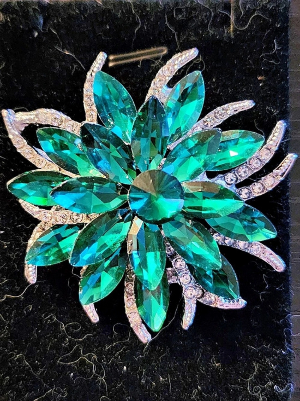 Green Floral Rhinestone Brooch